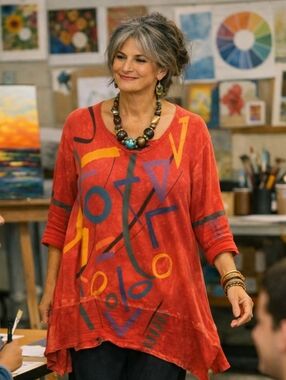 Jess & Jane Pop Art Mineral Wash Tunic XL Red Wavy Hem Artsy Top Made In USA